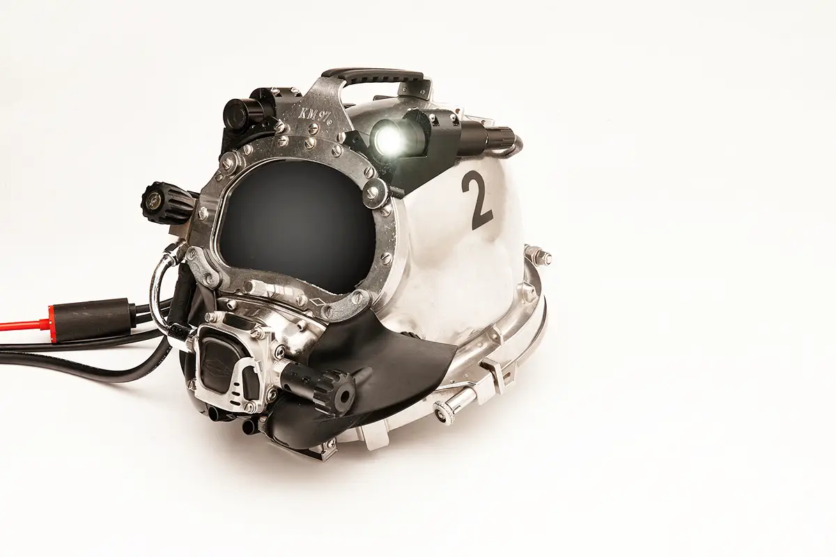 Commercial diving helmet with mounted underwater HD camera and LED dive light